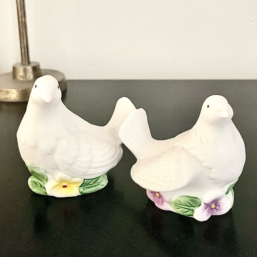 Vintage White Ceramic Dove Salt & Pepper Shakers with Floral Accents